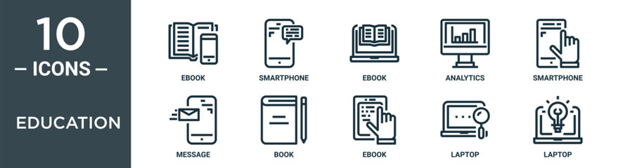 education outline icon set includes thin line ebook, smartphone, ebook, analytics, smartphone, message, book icons for report, presentation, diagram, web design