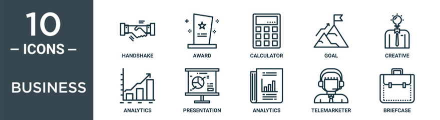 business outline icon set includes thin line handshake, award, calculator, goal, creative, analytics, presentation icons for report, presentation, diagram, web design