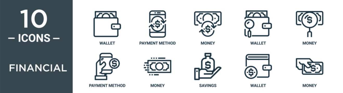 financial outline icon set includes thin line wallet, payment method, money, wallet, money, payment method, money icons for report, presentation, diagram, web design