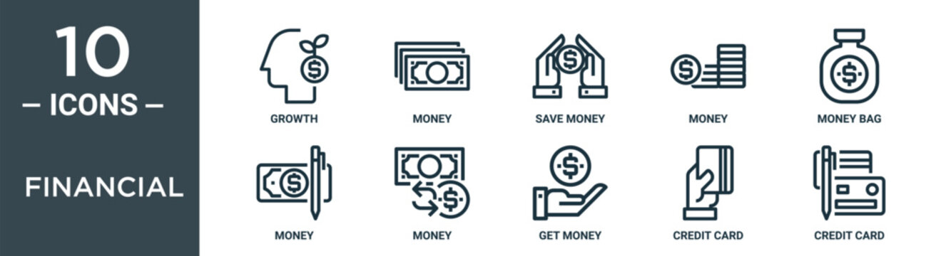 financial outline icon set includes thin line growth, money, save money, money, bag, icons for report, presentation, diagram, web design