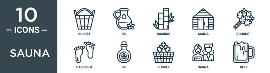 Obraz premium sauna outline icon set includes thin line bucket, oil, bamboo, sauna, bouquet, barefoot, oil icons for report, presentation, diagram, web design