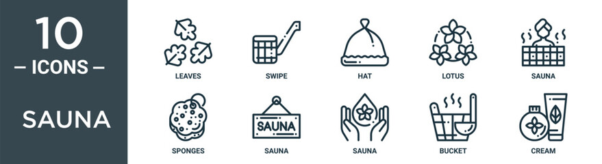 Obraz premium sauna outline icon set includes thin line leaves, swipe, hat, lotus, sauna, sponges, sauna icons for report, presentation, diagram, web design