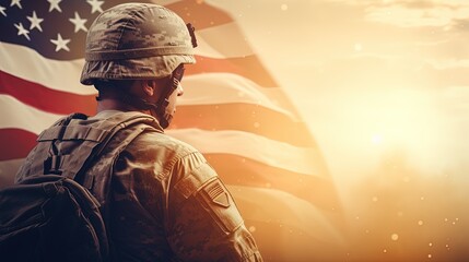 Soldier with USA Flag on Sunrise, National Holidays, Flag Day, Veterans Day, Memorial Day, Independence Day, Patriot Day