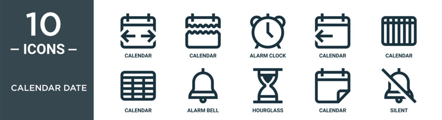 calendar date outline icon set includes thin line calendar, calendar, alarm clock, alarm bell icons for report, presentation, diagram, web design
