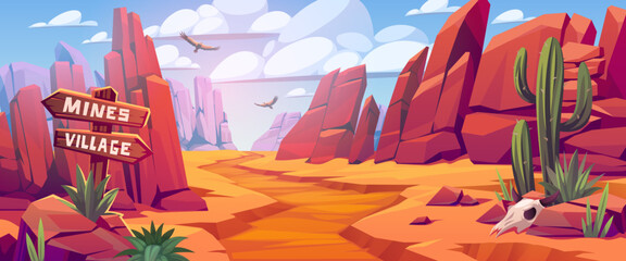 Desert landscape. Canyon panorama, cartoon rocks and stones, eagles in the sky, cacti and succulents, arid climate zone. Horizontal banner template. Wild west background. Tidy vector concept