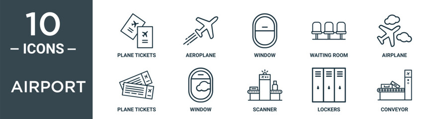 airport outline icon set includes thin line plane tickets, aeroplane, window, waiting room, airplane, plane tickets, window icons for report, presentation, diagram, web design