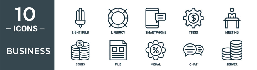 business outline icon set includes thin line light bulb, lifebuoy, smartphone, tings, meeting, coins, file icons for report, presentation, diagram, web design