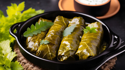 Traditional Greek, Caucasian and Turkish cuisine. Delicious dolma - stuffed grape leaves with rice...