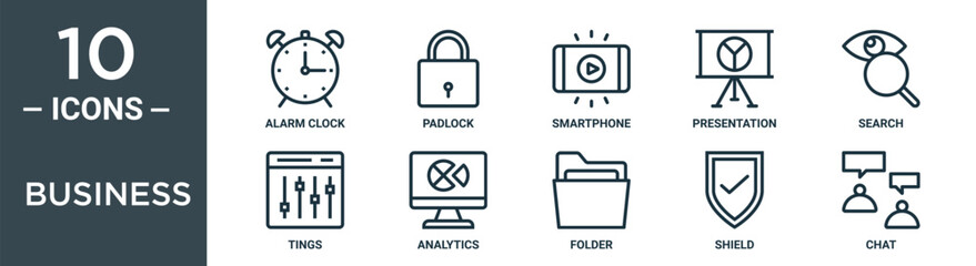 business outline icon set includes thin line alarm clock, padlock, smartphone, presentation, search, tings, analytics icons for report, presentation, diagram, web design