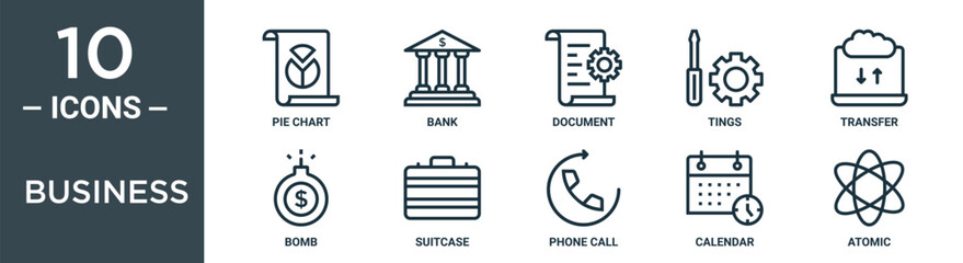business outline icon set includes thin line pie chart, bank, document, tings, transfer, bomb, suitcase icons for report, presentation, diagram, web design