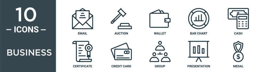 business outline icon set includes thin line email, auction, wallet, bar chart, cash, certificate, credit card icons for report, presentation, diagram, web design