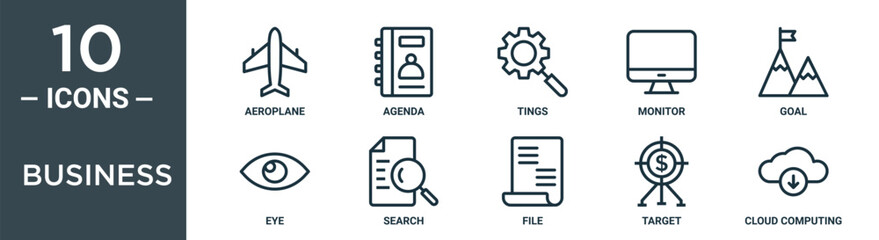 business outline icon set includes thin line aeroplane, agenda, tings, monitor, goal, eye, search icons for report, presentation, diagram, web design