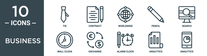 business outline icon set includes thin line tie, contract, worldwide, pencil, search, wall clock, exchange icons for report, presentation, diagram, web design