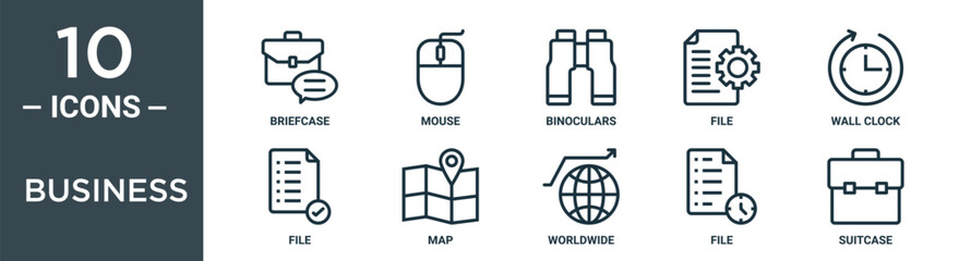 business outline icon set includes thin line briefcase, mouse, binoculars, file, wall clock, file, map icons for report, presentation, diagram, web design