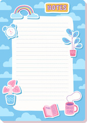 Notes page. Planner sheet template. Cute stickers on blue background. Rainbow, home plants and coffee cup. Frame for text with stripes. Organizer or notebook. Vector illustration