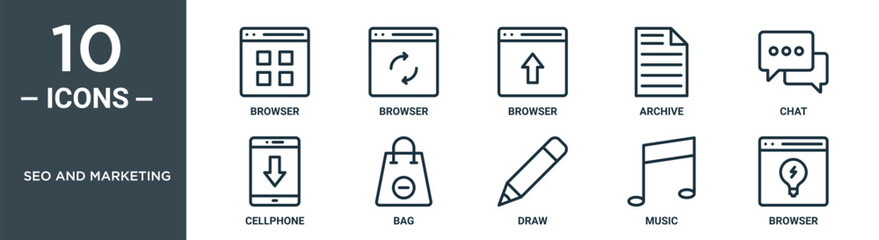 seo and marketing outline icon set includes thin line browser, browser, browser, archive, chat, cellphone, bag icons for report, presentation, diagram, web design