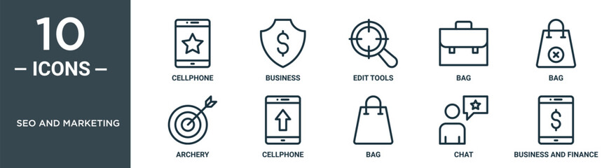 seo and marketing outline icon set includes thin line cellphone, business, edit tools, bag, bag, archery, cellphone icons for report, presentation, diagram, web design