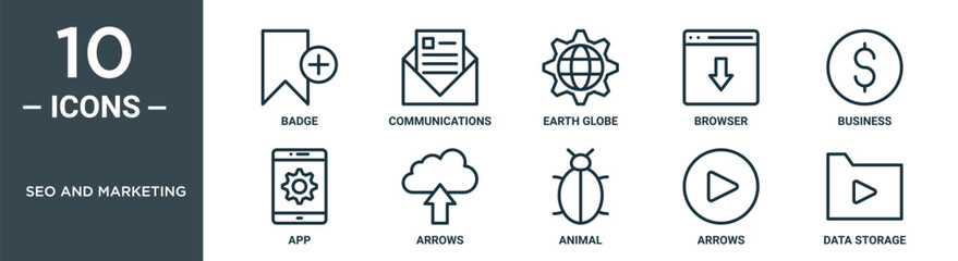 seo and marketing outline icon set includes thin line badge, communications, earth globe, browser, business, app, arrows icons for report, presentation, diagram, web design