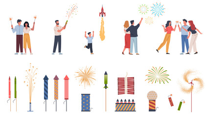 People and fireworks. Men, women and kids fire sparklers, clapping crackers, have fun and rejoice, festival explosions. Burning bengal lights. Holiday party celebration salutes, nowaday vector set