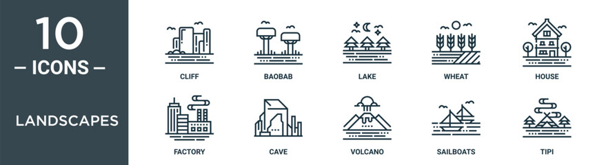 landscapes outline icon set includes thin line cliff, baobab, lake, wheat, house, factory, cave icons for report, presentation, diagram, web design © MacroOne
