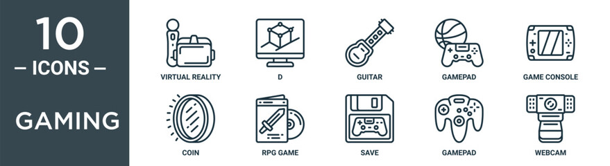 gaming outline icon set includes thin line virtual reality, d, guitar, gamepad, game console, coin, rpg game icons for report, presentation, diagram, web design © MacroOne