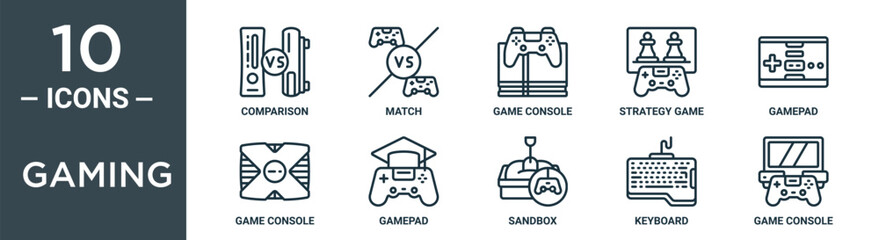 gaming outline icon set includes thin line comparison, match, game console, strategy game, gamepad, game console, gamepad icons for report, presentation, diagram, web design