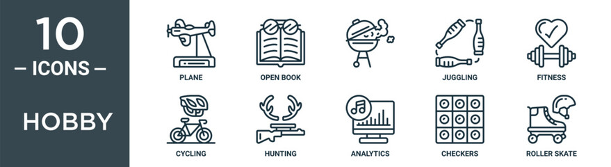 hobby outline icon set includes thin line plane, open book, , juggling, fitness, cycling, hunting icons for report, presentation, diagram, web design