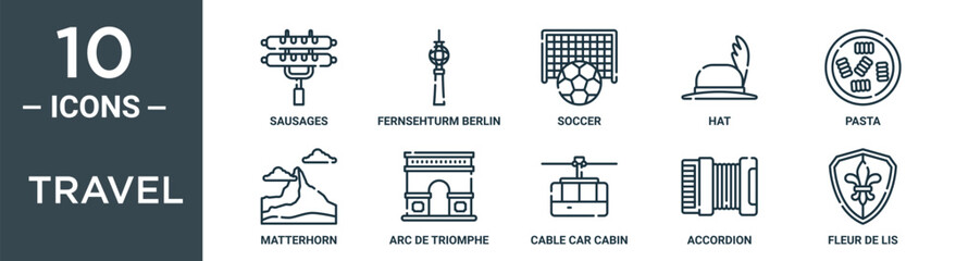 travel outline icon set includes thin line sausages, fernsehturm berlin, soccer, hat, pasta, matterhorn, arc de triomphe icons for report, presentation, diagram, web design © MacroOne