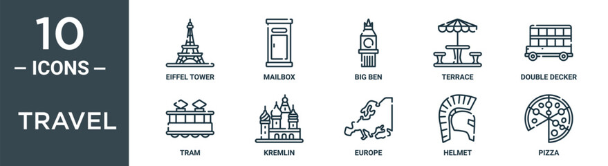 travel outline icon set includes thin line eiffel tower, mailbox, big ben, terrace, double decker, tram, kremlin icons for report, presentation, diagram, web design