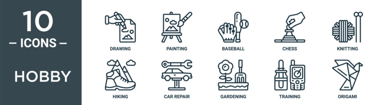 hobby outline icon set includes thin line drawing, painting, baseball, chess, knitting, hiking, car repair icons for report, presentation, diagram, web design
