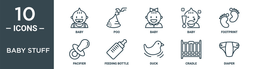 Obraz premium baby stuff outline icon set includes thin line baby, poo, baby, footprint, pacifier, feeding bottle icons for report, presentation, diagram, web design