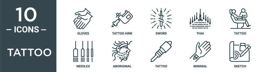 tattoo outline icon set includes thin line gloves, tattoo hine, sword, thai, tattoo, needles, aboriginal icons for report, presentation, diagram, web design
