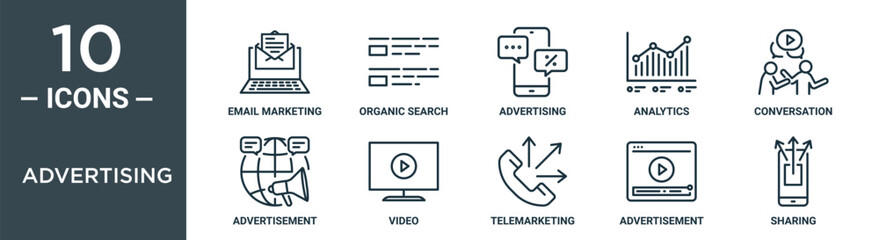 Obraz premium advertising outline icon set includes thin line email marketing, organic search, advertising, analytics, conversation, advertisement, video icons for report, presentation, diagram, web design