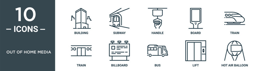 out of home media outline icon set includes thin line building, subway, handle, board, train, train, billboard icons for report, presentation, diagram, web design