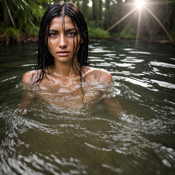 Beautiful naked woman swimming in the river