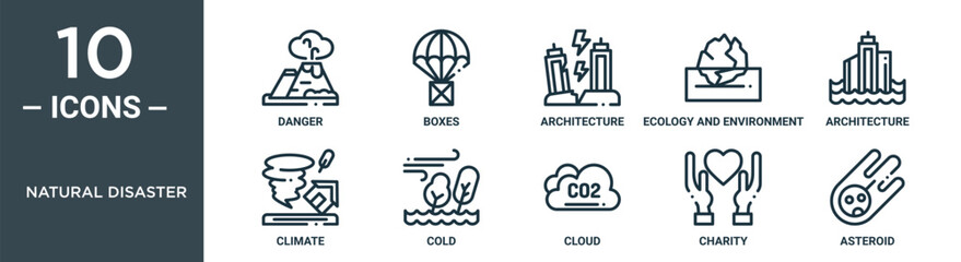 natural disaster outline icon set includes thin line danger, boxes, architecture, ecology and environment, architecture, climate, cold icons for report, presentation, diagram, web design