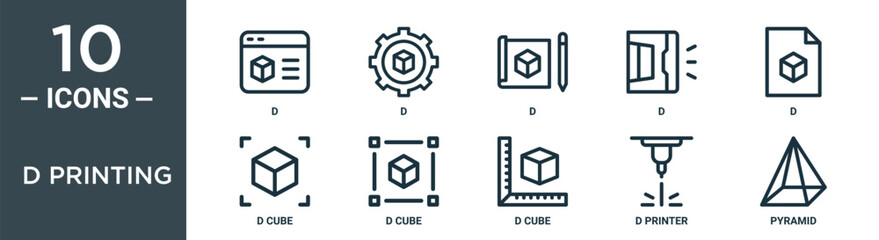 d printing outline icon set includes thin line d, d, cube, cube icons for report, presentation, diagram, web design