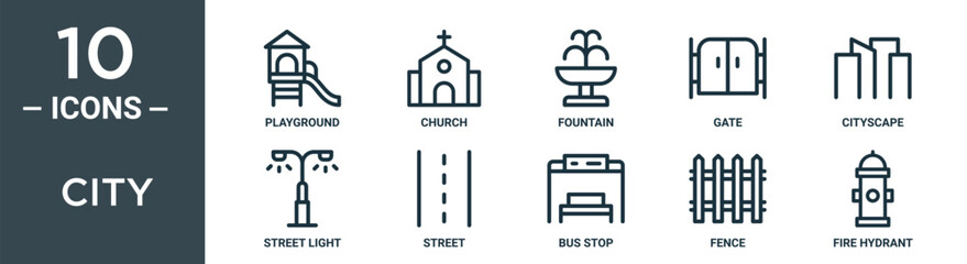 city outline icon set includes thin line playground, church, fountain, gate, cityscape, street light, street icons for report, presentation, diagram, web design