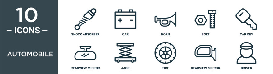 automobile outline icon set includes thin line shock absorber, car, horn, bolt, car key, rearview mirror, jack icons for report, presentation, diagram, web design