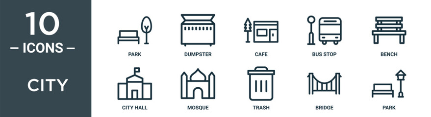 city outline icon set includes thin line park, dumpster, cafe, bus stop, bench, city hall, mosque icons for report, presentation, diagram, web design