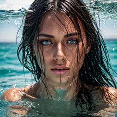Beautiful naked woman swimming in the ocean © Pter