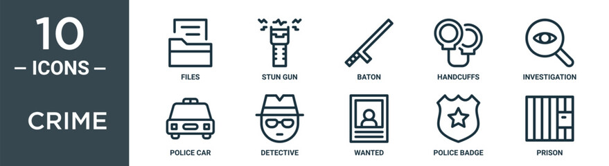 crime outline icon set includes thin line files, stun gun, baton, handcuffs, investigation, police car, detective icons for report, presentation, diagram, web design