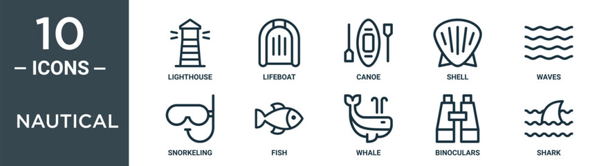 nautical outline icon set includes thin line lighthouse, lifeboat, canoe, shell, waves, snorkeling, fish icons for report, presentation, diagram, web design