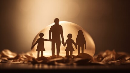 family silhouettes family with children under an protection on a black background with space for text. 