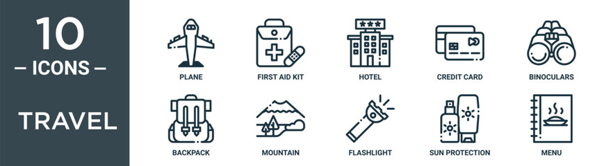 travel outline icon set includes thin line plane, first aid kit, hotel, credit card, binoculars, backpack, mountain icons for report, presentation, diagram, web design