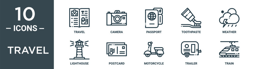 travel outline icon set includes thin line travel, camera, passport, toothpaste, weather, lighthouse, postcard icons for report, presentation, diagram, web design