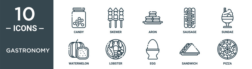 gastronomy outline icon set includes thin line candy, skewer, aron, sausage, sundae, watermelon, lobster icons for report, presentation, diagram, web design