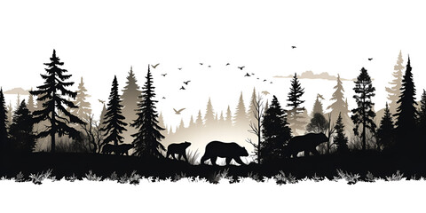 Landscape Mountain Tree Animals Silhouette, Polar bear head sketch Black & White Stock , generative Ai