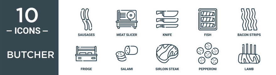 butcher outline icon set includes thin line sausages, meat slicer, knife, fish, bacon strips, fridge, salami icons for report, presentation, diagram, web design