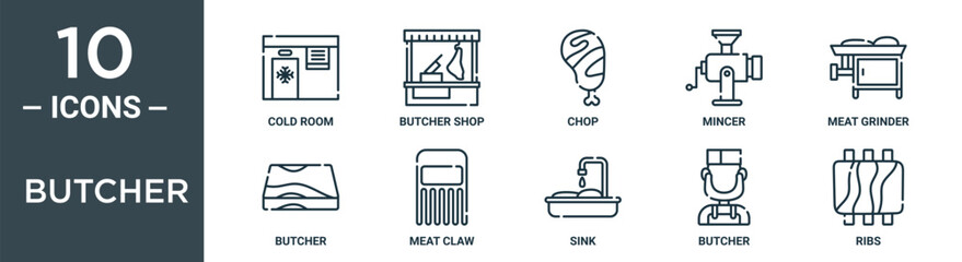 butcher outline icon set includes thin line cold room, butcher shop, chop, mincer, meat grinder, butcher, meat claw icons for report, presentation, diagram, web design